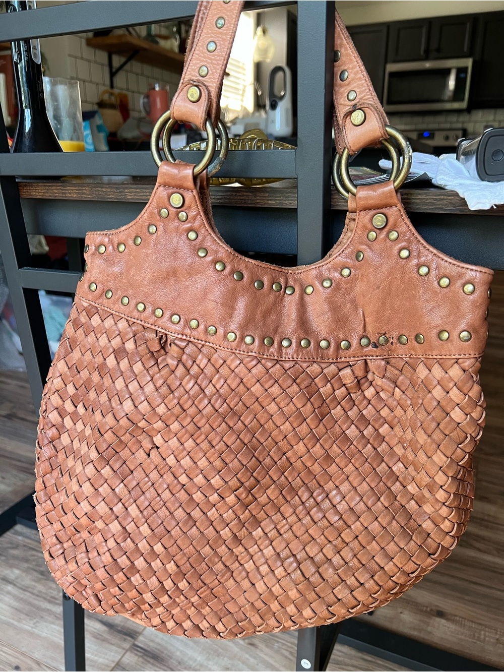 Fossil Woven Hobo Bag in Saddle Brown with Brass Rings